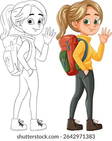 A cheerful girl waving with a colorful backpack