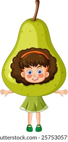 A cheerful girl wearing a pear costume