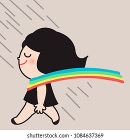 Cheerful Girl Wearing Rainbow Scarf While Walking In Rain Concept Card Character illustration