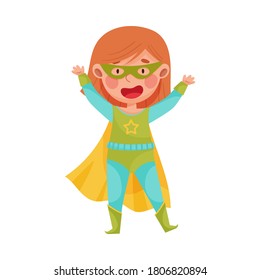 Cheerful Girl Wearing Superhero Costume Waving Hand Vector Illustration