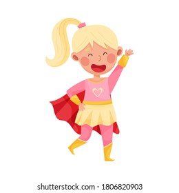 Cheerful Girl Wearing Superhero Costume Waving Hand Vector Illustration