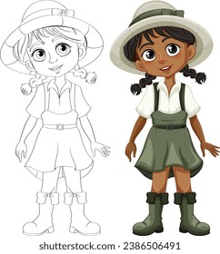 A cheerful girl wearing suspenders, skirt, and hat in a cute cartoon style