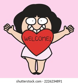 Cheerful Girl Welcoming With Open Arms And Big Red Heart Concept Card Character illustration
