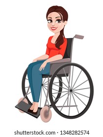 Cheerful girl in a wheelchair, concept of woman with disability. Vector illustration.