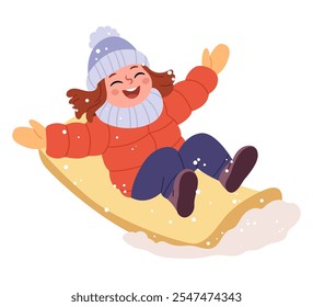 Uma menina alegre em roupas de inverno monta em um trenó. ilustração vetor plana colorida da atividade ao ar livre no inverno