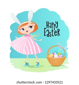 Cheerful girl wish a bucket full of eggs.  Easter design.