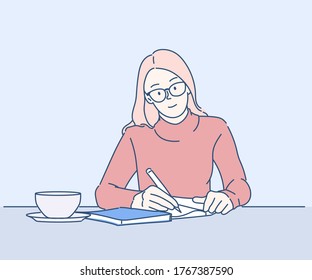 Cheerful Girl Working As Journalist Enjoying Leisure At Cafeteria. Hand Drawn In Thin Line Style, Vector Illustrations. 