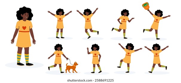 Cheerful girl in yellow dress enjoying playful activities with a dog and expressing joy