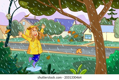 cheerful girl in yellow raincoat dancing in the rain