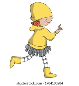 cheerful girl in yellow runs to embody the idea