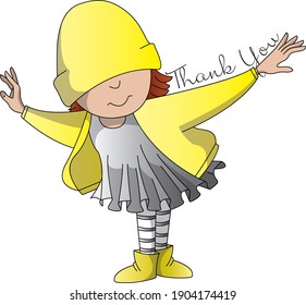 cheerful girl in yellow says thank you