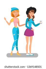 Cheerful Girlfriends Flat Vector Illustration. Smiling Ladies, Sisters Isolated Cartoon Characters. Teens, Students Calling Friends on Smartphone. Female Travellers,Tourists Calling Taxi Cab