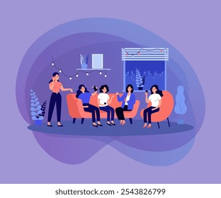 Cheerful girlfriends gathering at home, sitting on couch, chatting, drinking wine, taking selfie. Vector illustration for home party, friendship, communication, celebration concepts