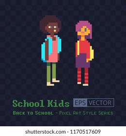 Cheerful girls with backpack pixel art characters. Young couple international students, Happy school kids isolated vector illustration. Design for app, game developers and motion graphic.