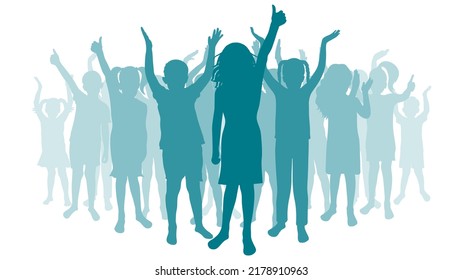 Cheerful girls and boys standing in full growth, silhouette. Back to school or first graders. Vector illustration