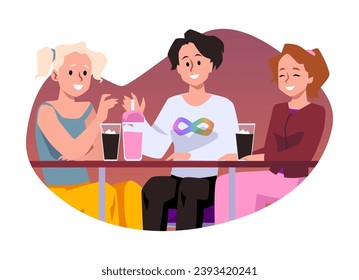 Cheerful girls in a cafe, vector illustration on white background. Three young women, smiling female friends sitting at the table and having fun talking. Drawn in flat cartoon style