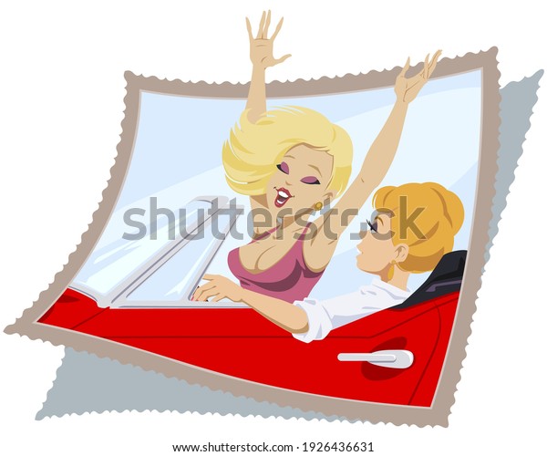 Cheerful girls in convertible.\
Illustration concept for mobile website and internet\
development.