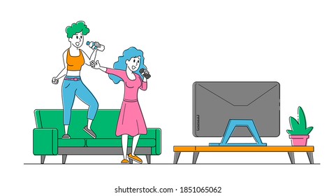 Cheerful Girls Couple Singing Song in Karaoke Standing with Microphones front of Tv Set Screen at Home. Characters Weekend Sparetime, Creative Hobby, Party Concept. Linear People Vector Illustration