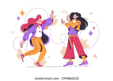 Cheerful girls dancing and have fun vector illustration. Learning new moves on dance class flat style. Positivity, party, hobby, leisure and happiness concept. Isolated on white background