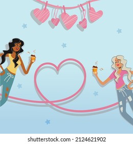 Cheerful girls drink coffee on holiday. Vector cartoon of two cute young women. Friends or couple. Background with hearts and place for text. Poster, banner, postcard