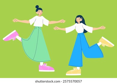 Cheerful girls. Hugging friends. Best friend forever. Modern isolated vector illustration.