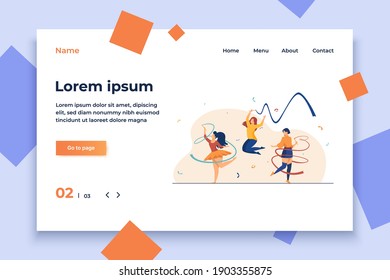 Cheerful girls training with ribbon. Rhythmic gymnastics equipment flat vector illustration. Fitness, exercise, lifestyle concept for banner, website design or landing web page