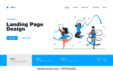 Cheerful girls training with ribbon. Rhythmic gymnastics equipment flat vector illustration. Fitness, exercise, lifestyle concept for banner, website design or landing web page