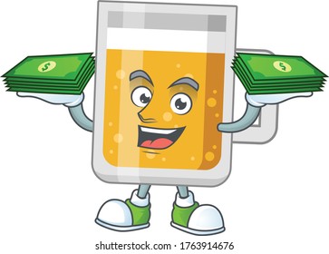 A cheerful glass of beer cartoon mascot design having some money on hands. Vector illustration