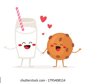 Cheerful glass of milk and traditional cookies with chocolate chips. Friends forever. Vector illustration in flat cartoon style.