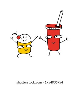A cheerful glass of milkshake with cupcake is smiling and dancing.