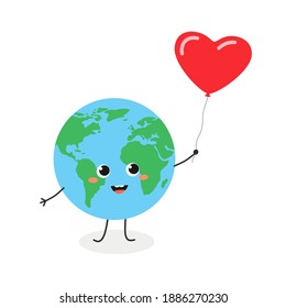 Cheerful globe character holding red heart shaped balloon. Vector flat illustration isolated on white background
