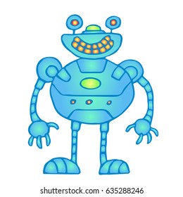 Cheerful globular blue robot vector illustration. Original cartoon retro character.