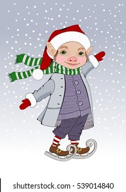 Cheerful Gnome celebrates a Merry Christmas and a Happy New Year, ice skates, balances, tries to not let himself fall, it snows, snowflakes cover the sky; a winter card with a soft gradient background