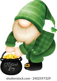 cheerful gnome dressed in a green suit and hat kneels beside a pot of overflowing gold coins. Cute gnome for St Patrick