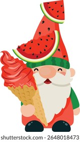 Cheerful Gnome Enjoying Summer Watermelon Ice Cream