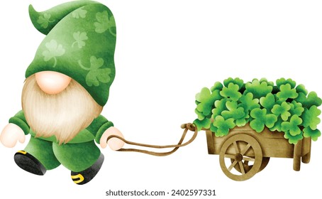 cheerful gnome in a green hat pulls a wooden cart overflowing with vibrant shamrocks against ,Cute gnome for St Patrick