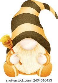 cheerful gnome holds a ladle of honey. His striped hat blends with the summer vibes.