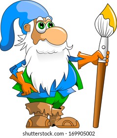 cheerful gnome with huge colored pencil, vector
