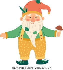 Cheerful gnome with a long white beard adorned with leaves, holding a vibrant mushroom while wearing a red pointy hat and sporting a joyful smile, embodies a whimsical fairytale character