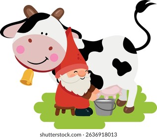 Cheerful Gnome Milking a Happy Cow