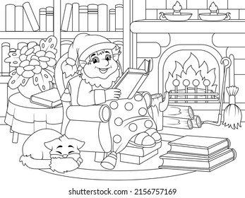 Cheerful gnome is reading a book in an armchair. Cozy room, library. Vector, page for printable children coloring book.