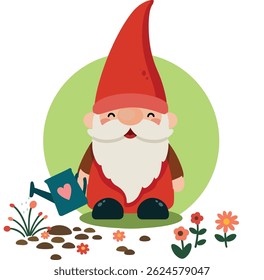 Cheerful Gnome Watering Spring Flowers

