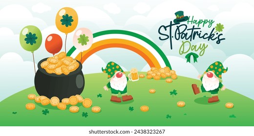 Cheerful Gnomes With Pot of Gold And Rainbow Celebrate Saint Patrick's Day, Vector, Illustration