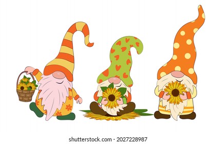 Cheerful Gnomes with sunflower flowers. Vector illustration