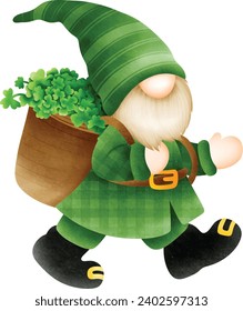 Fröhliche Gnomen trugen hellgrüne Anzüge und fröhlich getragene Körbe mit vierblättrigen Kleeblatten, Cute-Gnome für St. Patrick