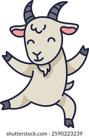 A cheerful goat character with a smiling face and raised hooves joyfully dances, embodying a playful and light-hearted atmosphere.