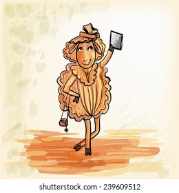 Cheerful goat.Cheerful and ridiculous sheep makes the photo selfie. Vector illustration. 