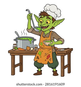 Cheerful goblin chef character cooking green soup in large metal pot on wooden kitchen table.
