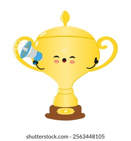 Cheerful Golden trophy cup character holding a megaphone. Vector hand drawn cartoon kawaii character illustration icon. Isolated on white background. Golden trophy cup screams character concept