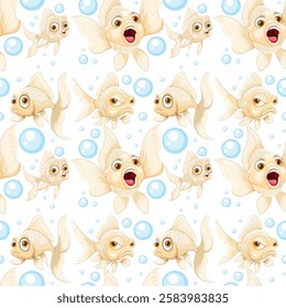 Cheerful goldfish swimming among blue bubbles